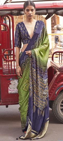 Festive, Party Wear Green color Saree in Viscose fabric with Classic Bandhej, Printed work : 1939827