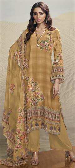 Festive, Party Wear Yellow color Salwar Kameez in Crepe Silk fabric with Pakistani, Palazzo, Straight Digital Print, Floral work : 1939847