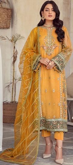 Festive, Reception Yellow color Salwar Kameez in Organza Silk fabric with Pakistani, Straight Embroidered, Mirror work : 1939849
