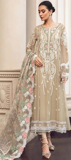 Festive, Reception Beige and Brown color Salwar Kameez in Faux Georgette fabric with Pakistani, Straight Embroidered, Resham, Thread work : 1939850