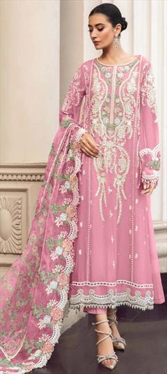 Festive, Reception Pink and Majenta color Salwar Kameez in Faux Georgette fabric with Pakistani, Straight Embroidered, Resham, Thread work : 1939851