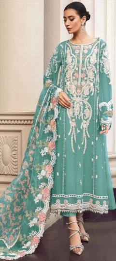 Festive, Reception Blue color Salwar Kameez in Faux Georgette fabric with Pakistani, Straight Embroidered, Resham, Thread work : 1939854