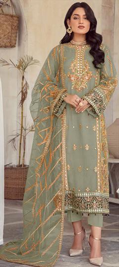 Festive, Reception Green color Salwar Kameez in Organza Silk fabric with Pakistani, Straight Embroidered, Mirror work : 1939857