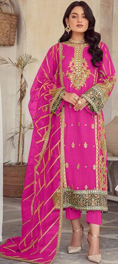 Festive, Reception Pink and Majenta color Salwar Kameez in Organza Silk fabric with Pakistani, Straight Embroidered, Mirror work : 1939859