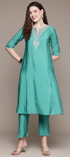 Festive, Party Wear Green color Salwar Kameez in Silk fabric with Straight Embroidered, Sequence, Thread, Zari work : 1939862