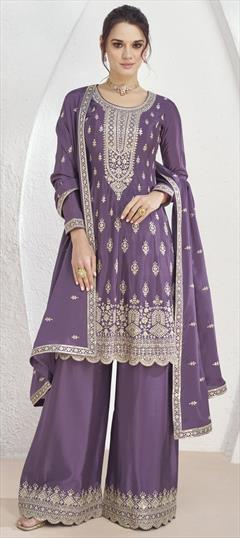 Festive, Reception, Wedding Purple and Violet color Salwar Kameez in Silk fabric with Anarkali, Palazzo Embroidered, Sequence, Thread, Zari work : 1939864