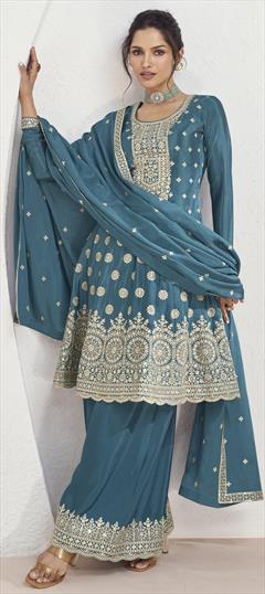 Festive, Reception, Wedding Blue color Salwar Kameez in Silk fabric with Anarkali, Palazzo Embroidered, Sequence, Thread, Zari work : 1939867