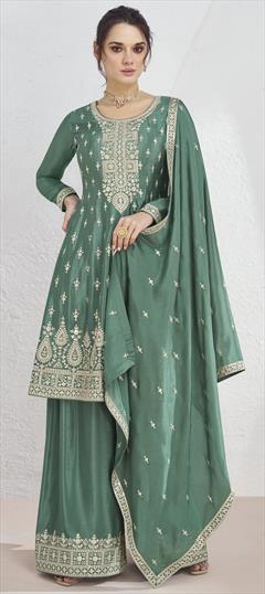 Festive, Reception, Wedding Green color Salwar Kameez in Silk fabric with Palazzo Embroidered, Sequence, Thread work : 1939868