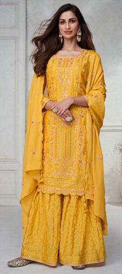 Festive, Reception, Wedding Yellow color Salwar Kameez in Silk fabric with Palazzo, Straight Embroidered work : 1939877
