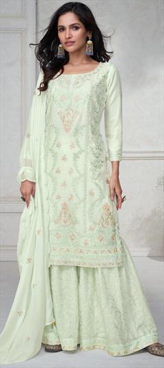 Festive, Reception, Wedding Green color Salwar Kameez in Silk fabric with Palazzo, Straight Embroidered work : 1939879