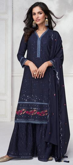 Festive, Reception, Wedding Blue color Salwar Kameez in Silk fabric with Palazzo, Straight Embroidered work : 1939882