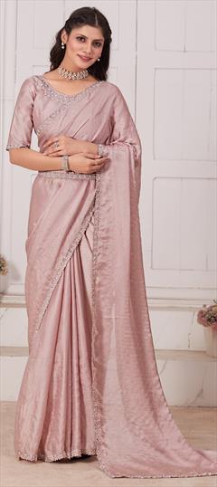 Festive, Traditional, Wedding Pink and Majenta color Saree in Silk fabric with South Moti, Swarovski, Zircon work : 1939911