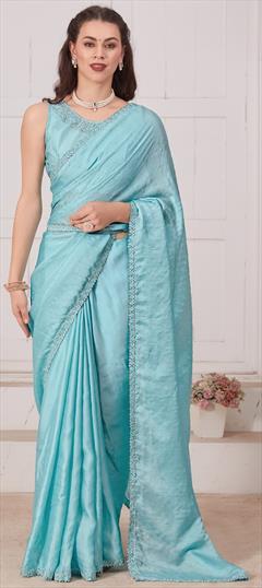 Festive, Traditional, Wedding Blue color Saree in Silk fabric with South Moti, Swarovski, Zircon work : 1939912