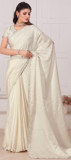 Festive, Traditional, Wedding White and Off White color Saree in Silk fabric with South Moti, Swarovski, Zircon work : 1939913