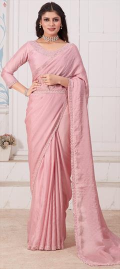 Festive, Traditional, Wedding Pink and Majenta color Saree in Silk fabric with South Moti, Swarovski, Zircon work : 1939916
