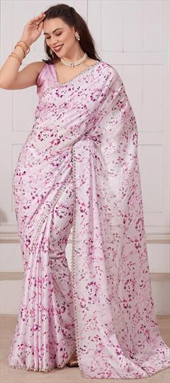 Festive, Reception Pink and Majenta color Saree in Georgette fabric with Classic Digital Print, Floral, Zircon work : 1939922