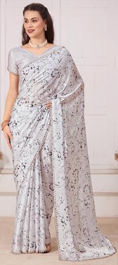 Festive, Reception White and Off White color Saree in Georgette fabric with Classic Digital Print, Floral, Zircon work : 1939925
