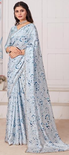 Festive, Reception Blue color Saree in Georgette fabric with Classic Digital Print, Floral, Zircon work : 1939928