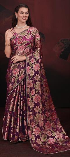 Festive, Mehendi Sangeet, Wedding Purple and Violet color Saree in Organza Silk fabric with Classic Zircon work : 1939931