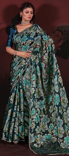 Festive, Mehendi Sangeet, Wedding Blue color Saree in Organza Silk fabric with Classic Zircon work : 1939933