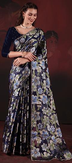 Festive, Mehendi Sangeet, Wedding Blue color Saree in Organza Silk fabric with Classic Zircon work : 1939934