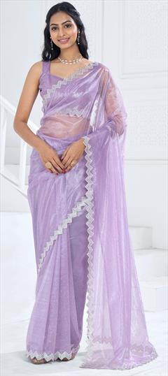 Reception, Wedding Purple and Violet color Saree in Organza Silk fabric with Classic Stone, Swarovski work : 1939964