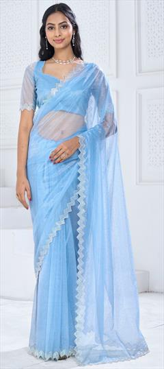 Reception, Wedding Blue color Saree in Organza Silk fabric with Classic Stone, Swarovski work : 1939965