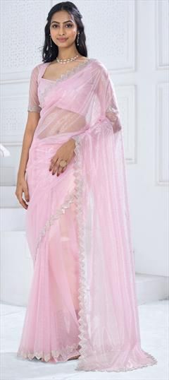 Reception, Wedding Pink and Majenta color Saree in Organza Silk fabric with Classic Stone, Swarovski work : 1939968