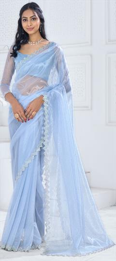 Reception, Wedding Blue color Saree in Organza Silk fabric with Classic Stone, Swarovski work : 1939969