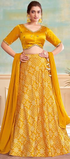 Bridal, Mehendi Sangeet, Wedding Yellow color Ready to Wear Lehenga in Silk fabric with Flared Embroidered, Mirror, Printed work : 1939971