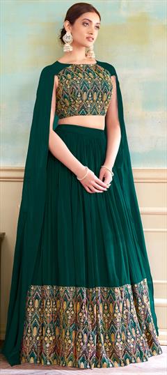 Bridal, Mehendi Sangeet, Wedding Green color Ready to Wear Lehenga in Georgette fabric with Flared Embroidered, Sequence, Thread work : 1939972
