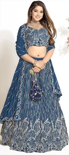 Bridal, Wedding Blue color Lehenga in Georgette fabric with Flared Sequence, Thread work : 1939973