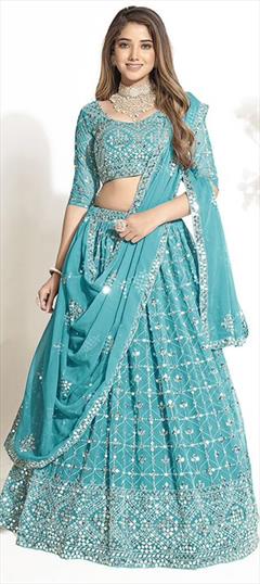Bridal, Wedding Blue color Lehenga in Georgette fabric with Flared Sequence, Thread work : 1939974