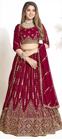Bridal, Wedding Red and Maroon color Lehenga in Georgette fabric with Flared Sequence, Thread work : 1939975