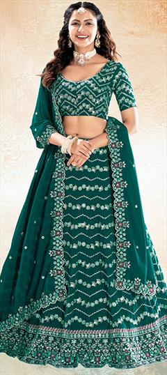 Bridal, Wedding Green color Lehenga in Georgette fabric with Flared Sequence, Thread work : 1939976