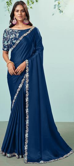 Festive, Reception, Wedding Blue color Saree in Crepe Silk fabric with South Embroidered, Moti, Sequence work : 1939979