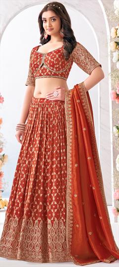 Bridal, Mehendi Sangeet, Wedding Beige and Brown color Ready to Wear Lehenga in Jacquard fabric with Flared Embroidered, Thread, Zari work : 1939983