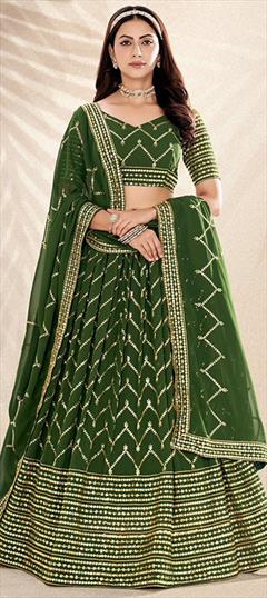 Bridal, Wedding Green color Lehenga in Georgette fabric with Flared Sequence, Thread work : 1939988