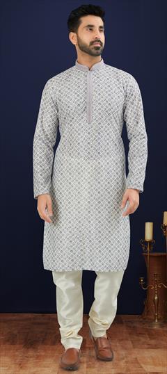 Festive, Wedding Black and Grey color Kurta Pyjamas in Cotton fabric with Digital Print, Embroidered, Sequence work : 1939991