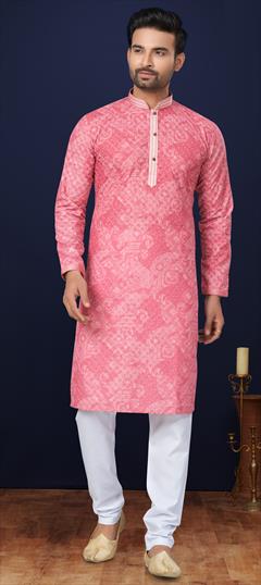 Festive, Wedding Pink and Majenta color Kurta Pyjamas in Cotton fabric with Digital Print, Embroidered, Sequence work : 1939992