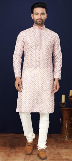 Festive, Wedding White and Off White color Kurta Pyjamas in Cotton fabric with Digital Print, Embroidered, Sequence work : 1939994