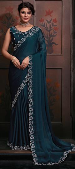 Festive, Party Wear, Reception Blue color Saree in Chiffon fabric with Classic Zircon work : 1940238
