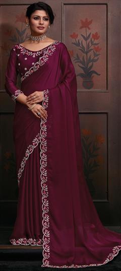 Festive, Party Wear, Reception Red and Maroon color Saree in Chiffon fabric with Classic Zircon work : 1940241