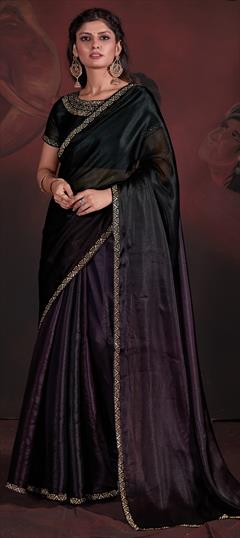 Festive, Mehendi Sangeet, Reception Black and Grey, Purple and Violet color Saree in Georgette fabric with Classic Zircon work : 1940244