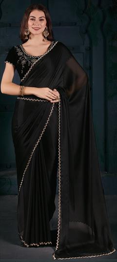 Festive, Mehendi Sangeet, Reception Black and Grey color Saree in Chiffon fabric with Classic Zircon work : 1940254