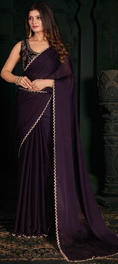 Festive, Mehendi Sangeet, Reception Purple and Violet color Saree in Chiffon fabric with Classic Zircon work : 1940255