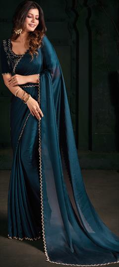 Festive, Mehendi Sangeet, Reception Blue color Saree in Chiffon fabric with Classic Zircon work : 1940256