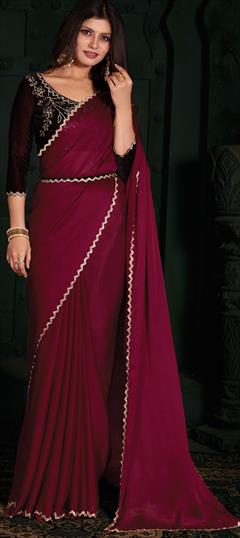 Festive, Mehendi Sangeet, Reception Red and Maroon color Saree in Chiffon fabric with Classic Zircon work : 1940257