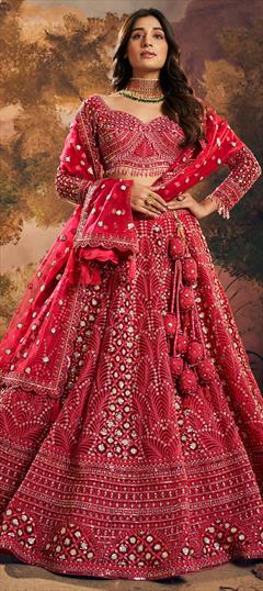 Bridal, Wedding Red and Maroon color Ready to Wear Lehenga in Net fabric with Flared Embroidered, Resham, Sequence, Thread work : 1940283
