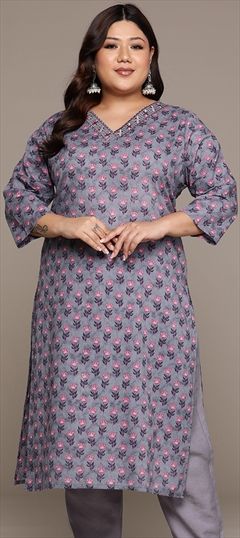 Summer Black and Grey color Kurti in Cotton fabric with Straight Floral, Mirror, Printed, Resham, Thread work : 1940291